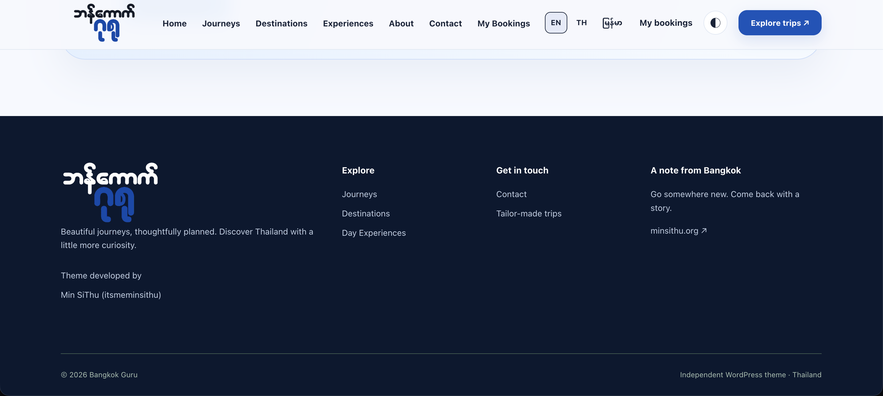 Bangkok Guru footer: Explore, Get in touch, A note from Bangkok
